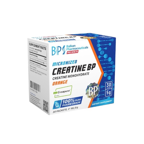 Balkan Pharmaceuticals Creatine BP – pudra pentru imbunatatirea performantelor fizice, aroma orange – 30 plic x 5g